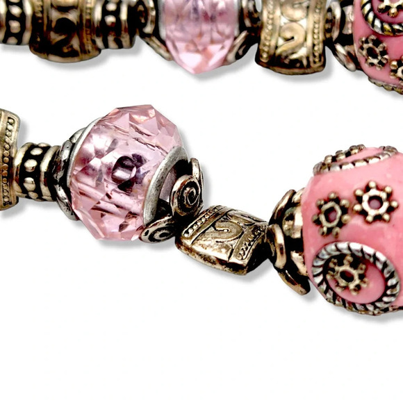 22" Pink Wedding Cake Embossed Enamel Beaded Statement Necklace Watermelon Beads - Picture 9 of 12